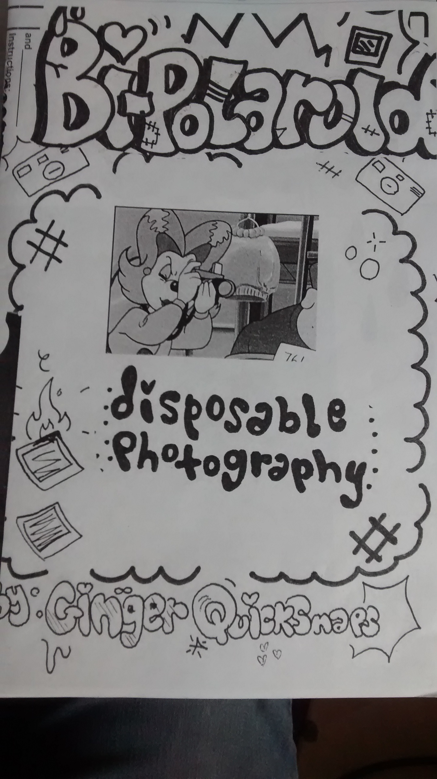 Cover contains a cartoon image of a cat using a camera. The title, Bipolaroid: Disposable Photography, appears in hand-drawn bubble