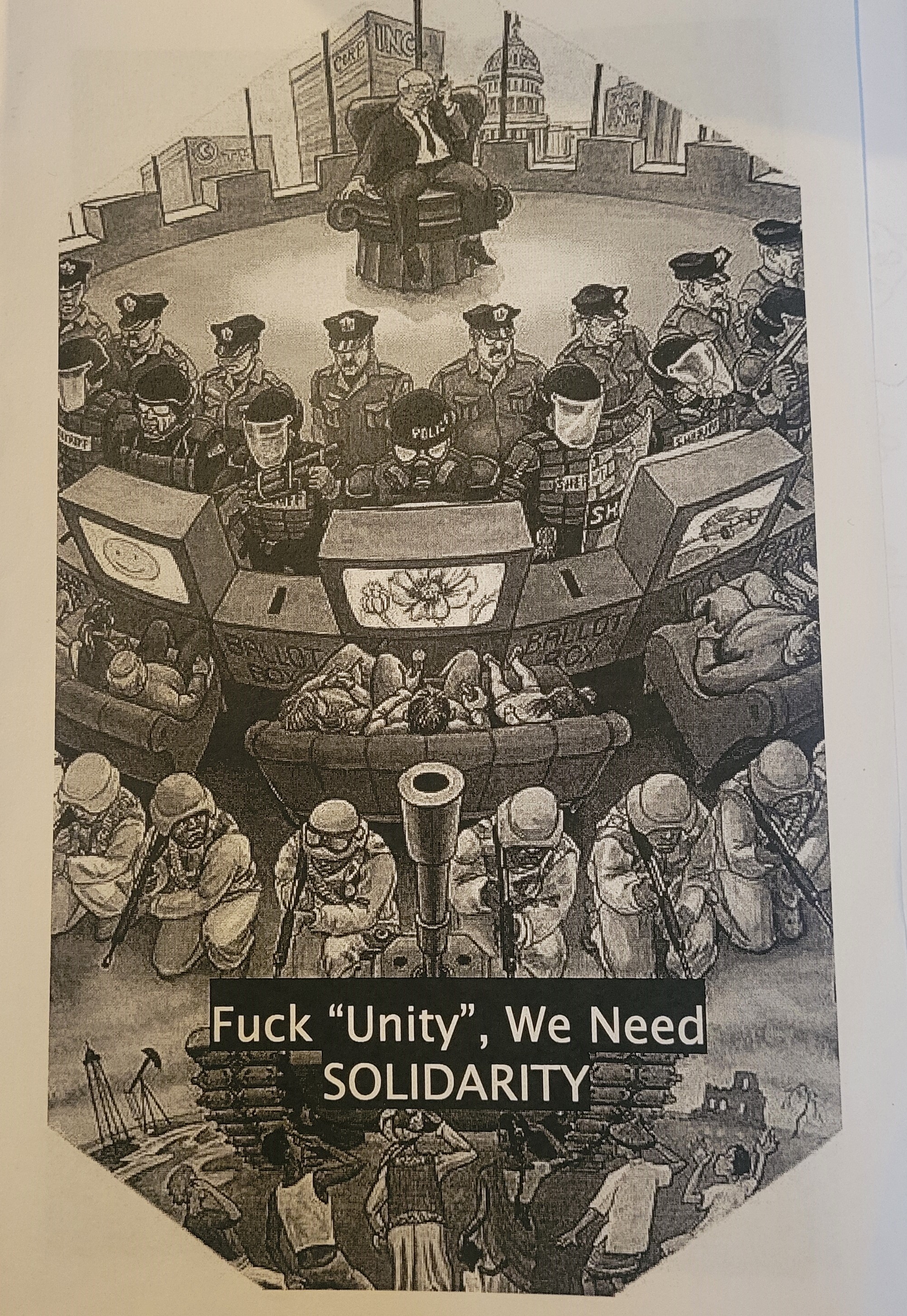Black and white birds eye view illustration of big boss in chair, police, riot police, civilians watching television next to ballot boxes, military, and a tank rolling over people with desolate environment and fracking in backdrop.