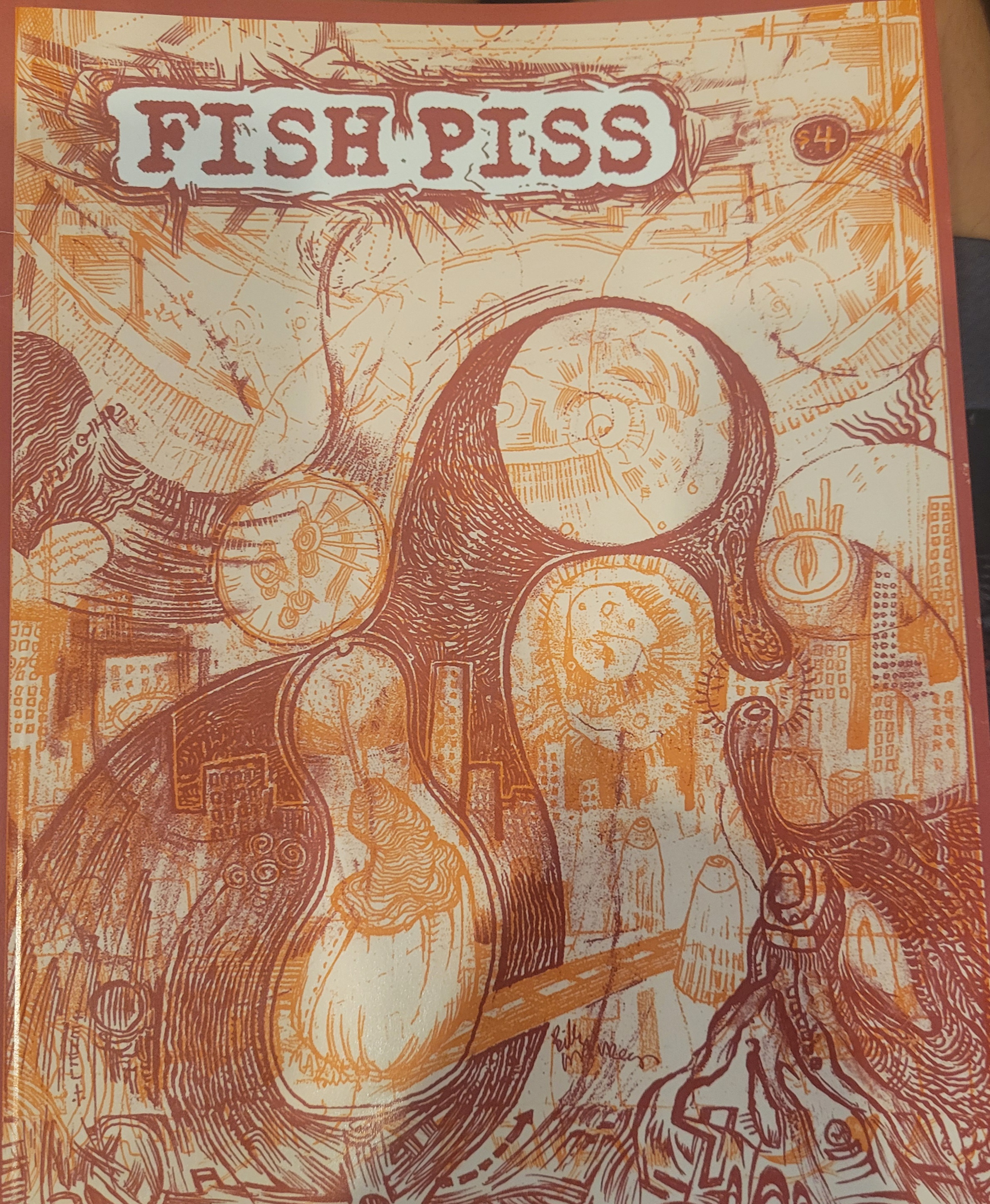 Orange, tan, and maroon cover, abstract sketch of a city skyline