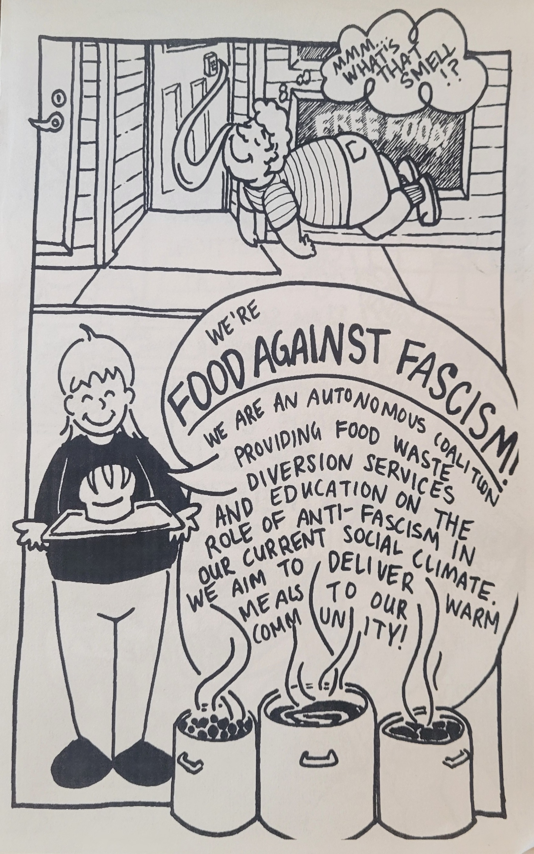 Black and white comic. Someone holding bread with speech bubble title of zine. Someone outside Radstorm door floating, being lured by cartoon smell bubble thinking "Mmm...what's that smell!?"