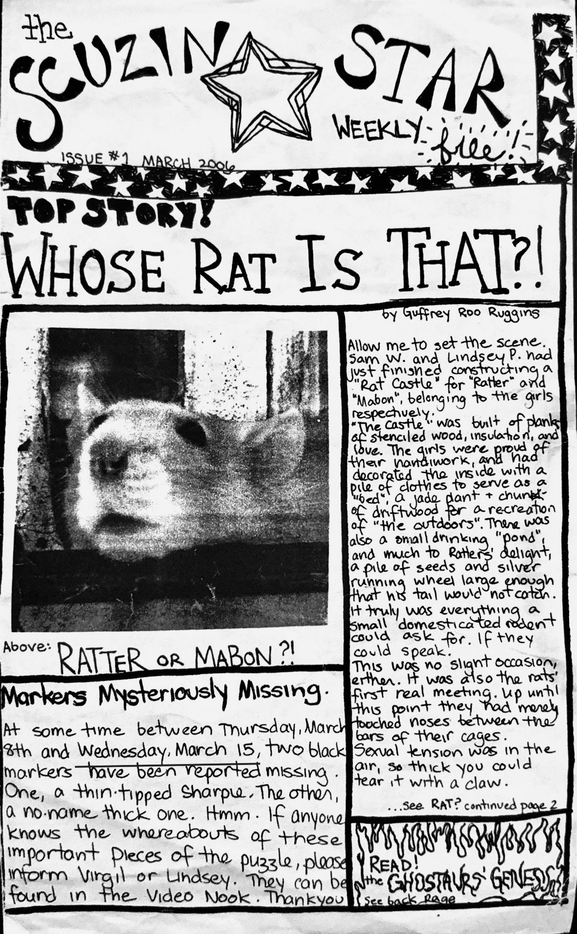 Top Story! Whose Rat is That?! newspaper style cover, large blocks of fictional text with an image of a rat and title of zine.