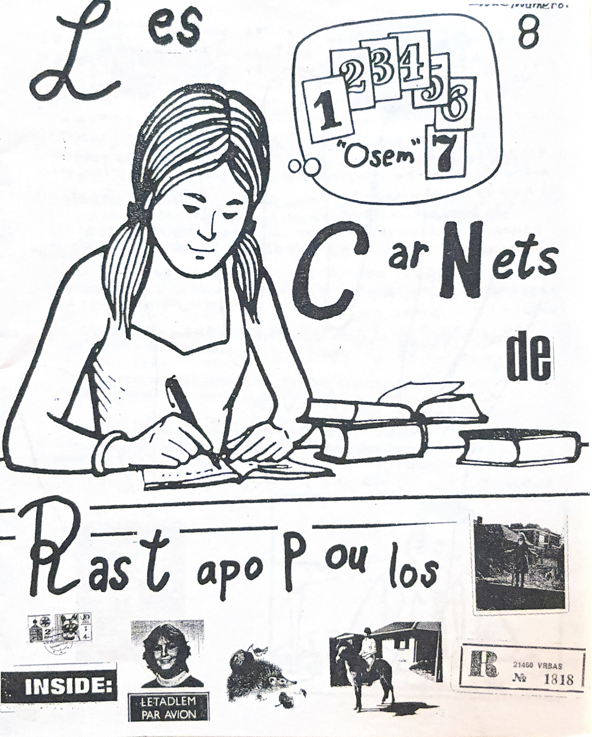 Illustration of woman writing in notebook on her desk with a thought bubble containing numbers 1-7. Images of content from inside zine collaged on bottom.