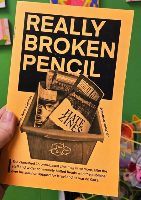 Cover of the zine Really Broken Pencil, showing issues of Broken Pencil magazine in a recycling box