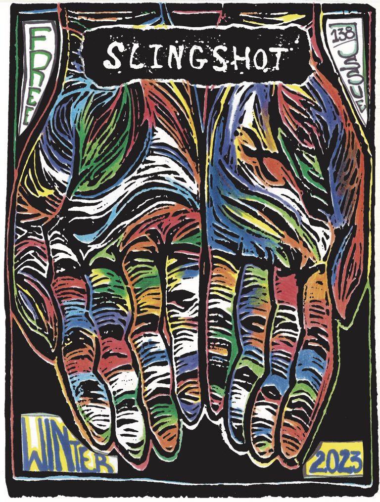 illustration of two hands, palms up. the hands are coloured in with rainbow over a black background