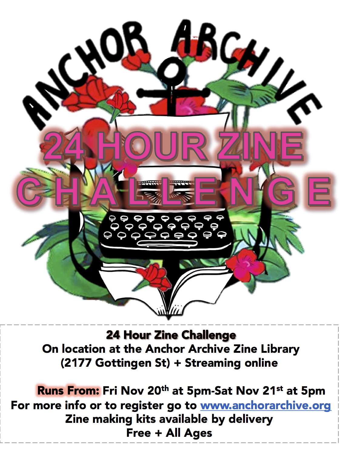 Poster of 24 hour zine challenge, including image of typewriter with floral background and text information included in the body of blog post. 