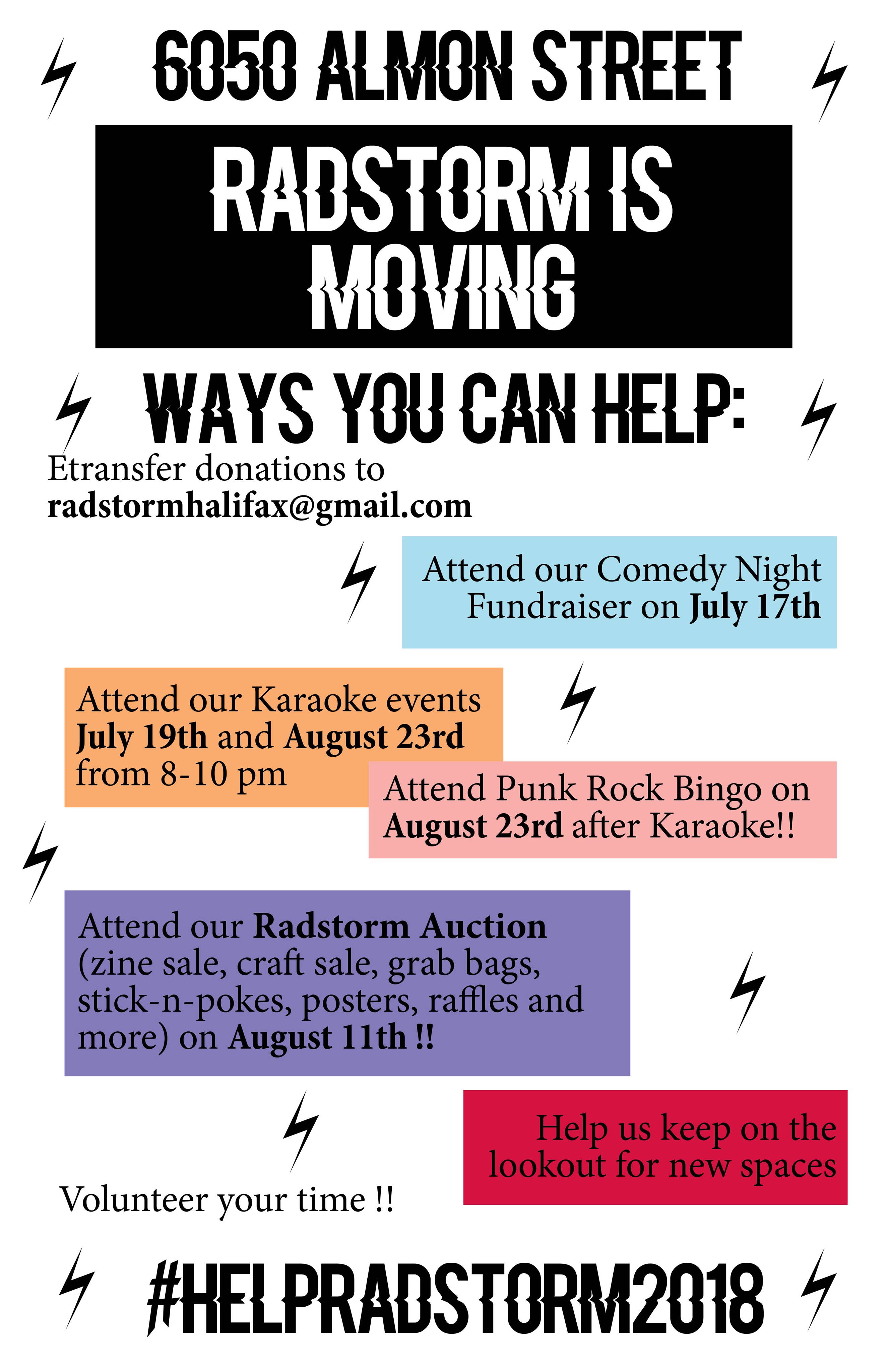 Poster for upcoming fun events to help RadStorm fund its upcoming move.